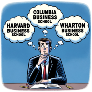 Cartoon of a pensive MBA applicant with three thought bubbles overhead, each labeled with the names of top business schools: 'Harvard Business School,' 'Columbia Business School,' and 'Wharton.' The applicant appears slightly stressed, symbolizing the challenging decision-making process involved in choosing among prestigious MBA programs.