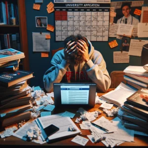 A young adult appears stressed while sitting at a cluttered desk with medical textbooks, university application letters, and a laptop displaying an application page, symbolizing the challenging journey of medical school applications.