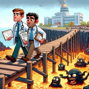 Two cartoon medical school applicants in white coats cross a rickety wooden bridge over a river of lava, where playful monsters representing topics like alcohol use, religion, and politics emerge. The applicants hold their application papers and look anxiously towards a stylized medical school building in the distance. The scene is light-hearted and colorful, set in a fantastical landscape.