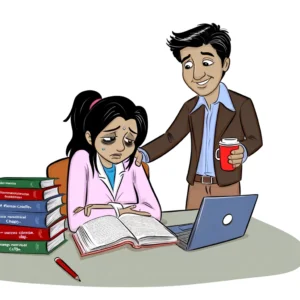 Cartoon of a supportive husband comforting his exhausted wife, a medical school student, at her desk filled with textbooks and an open laptop. He stands behind her, placing a reassuring hand on her shoulder and offering a cup of coffee, symbolizing encouragement and care in her journey to becoming a doctor.