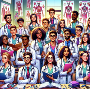 An animated image featuring a diverse group of medical school students in a classroom setting. The students, representing various ethnicities, genders, and backgrounds, are all wearing white lab coats and have stethoscopes around their necks. Some are engaged in conversation, holding medical textbooks, or examining medical charts. The classroom is equipped with essential medical tools, adorned with anatomy posters, and includes a skeleton model in one corner. Their expressions convey happiness and a shared enthusiasm for learning, illustrating an inclusive and collaborative educational environment