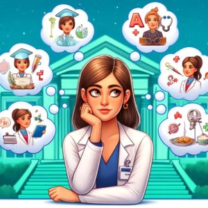 Cartoon of a female medical school applicant surrounded by thought bubbles representing clinical experience, lab work, excellent grades, leadership, and volunteering with the homeless