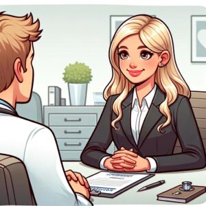 A cartoon of a young, attractive blonde woman dressed in a professional business suit, confidently participating in a medical school interview. She appears calm and prepared, sitting across from an interviewer in a modern, minimalistic interview room.