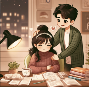 Cartoon illustration of a supportive young man comforting his stressed MBA student wife, who is surrounded by study materials. He offers her a cup of tea and a reassuring smile in their cozy study room, filled with a soft glow from the desk lamp, emphasizing their strong bond and mutual support.