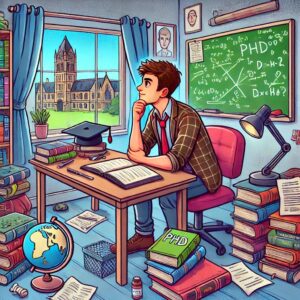 Cartoon illustration of a potential PhD applicant deep in thought at a cluttered desk, surrounded by books, papers, and academic items. The young adult, with a thoughtful expression, rests their chin on one hand while gazing out a window at a university campus, reflecting on the decision to pursue a career in academia.