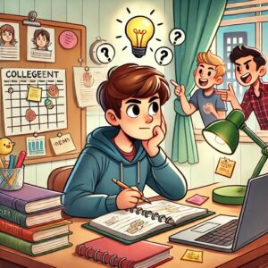 A cartoon illustration of a college student sitting at a desk, deep in thought while holding a pencil and notebook. The desk is cluttered with books, a laptop, and sticky notes. A corkboard with pinned photos and a calendar labeled "College" is on the wall behind him. Two friends are standing near the window, pointing and laughing. A light bulb with question marks around it floats above the student's head, symbolizing an idea or realization.