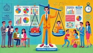 A vibrant and cheerful cartoon illustration depicting the balance between professional and personal life in an MBA personal statement. The image is divided into two sections with a large figure in the center balancing scales. On the left side, a group of well-dressed professionals discuss and hold documents in front of charts showcasing various professional achievements such as bar graphs and pie charts labeled "Professional Achievements." On the right side, a colorful and lively scene features a person engaging with family and personal activities, including a child holding a teddy bear and another playing. The background includes drawings of family, hobbies, and personal growth symbols. The large central figure in a suit, representing the MBA applicant, balances the scales with "Professional" on one side and "Personal" on the other, indicating the importance of maintaining a balance between career accomplishments and personal qualities. The overall theme suggests that a successful MBA personal statement should highlight both professional achievements and personal attributes.