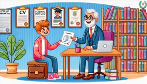  College-aged student handing over CV and personal statement to a smiling professor in a colorful cartoon office setting, with books, laptop, and certificates in the background.