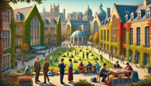A vibrant and picturesque university campus in the fall, featuring ivy-covered buildings, students studying on the grass, professors in tweed jackets engaging in conversation, and a mix of old and modern architecture.