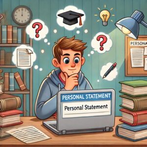 A cartoon of a graduate student sitting at a desk, surrounded by books and papers, looking thoughtfully at a laptop screen labeled 'Personal Statement', with floating question marks and lightbulbs signifying ideas in a cozy study room.