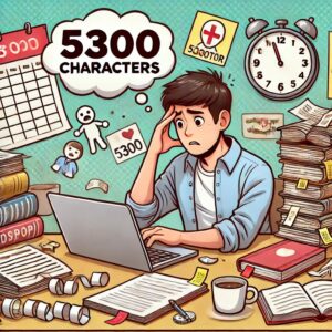 A cartoon of a stressed-out student sitting at a cluttered desk with a laptop, books, papers, and a coffee cup, showing a worried expression with a thought bubble containing 5300 characters, a doctor, a hospital, and a ticking clock.