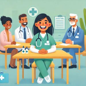 A cartoonish illustration of a happy medical residency applicant being interviewed by other doctors in a cheerful and positive setting.