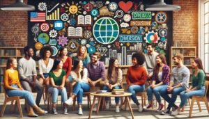 A diverse group of students engaging in a lively discussion in a college setting, representing various ethnicities, genders, and backgrounds, highlighting their unique identities and perspectives.