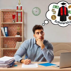 A stressed graduate student sits at a cluttered desk with papers, scholarship applications, and a laptop. The student is holding a pen and jotting notes on a notecard, with symbols of leadership, community involvement, and achievements in the background, including a trophy, a community service medal, and a graduation cap. A thought bubble shows images of dollar signs and a graduation gown.