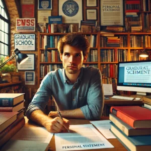 A graduate school applicant sitting at a desk filled with books and papers, looking thoughtful and focused while writing a personal statement. The background shows shelves with academic journals, a computer with academic websites open, and a bulletin board with notes about different universities. The setting is a cozy study room with warm lighting, reflecting dedication and intellectual engagement.