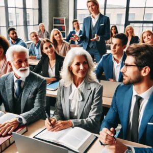 A diverse group of law students of various ages, including a gray-haired woman in her 60s and a man in his 40s, actively participating in a classroom discussion led by a younger professor. The image emphasizes inclusivity and lifelong learning in law school.